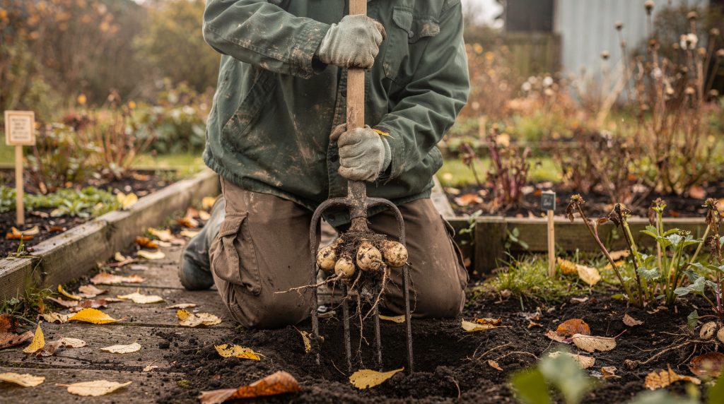 Jardinier arrachant des tubercules de dahlia avec une fourche en automne