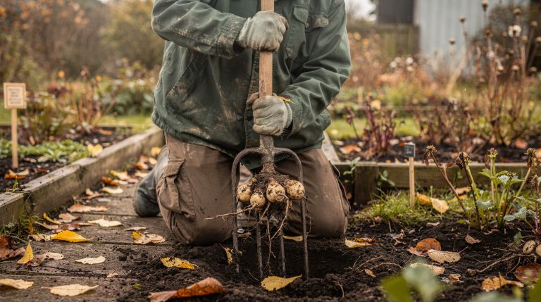 Jardinier arrachant des tubercules de dahlia avec une fourche en automne