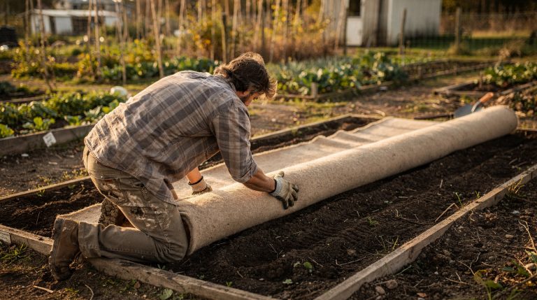 Jardinier déroulant un vieux tapis de laine sur une planche de potager vide en automne