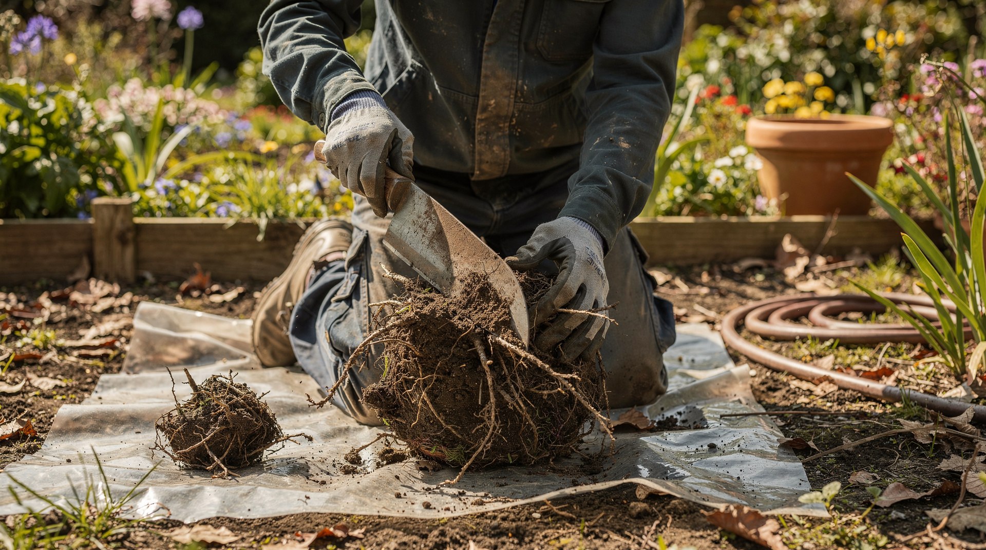 Jardinier divisant une touffe d'agapanthe en éclats avec un couteau robuste sur une bâche