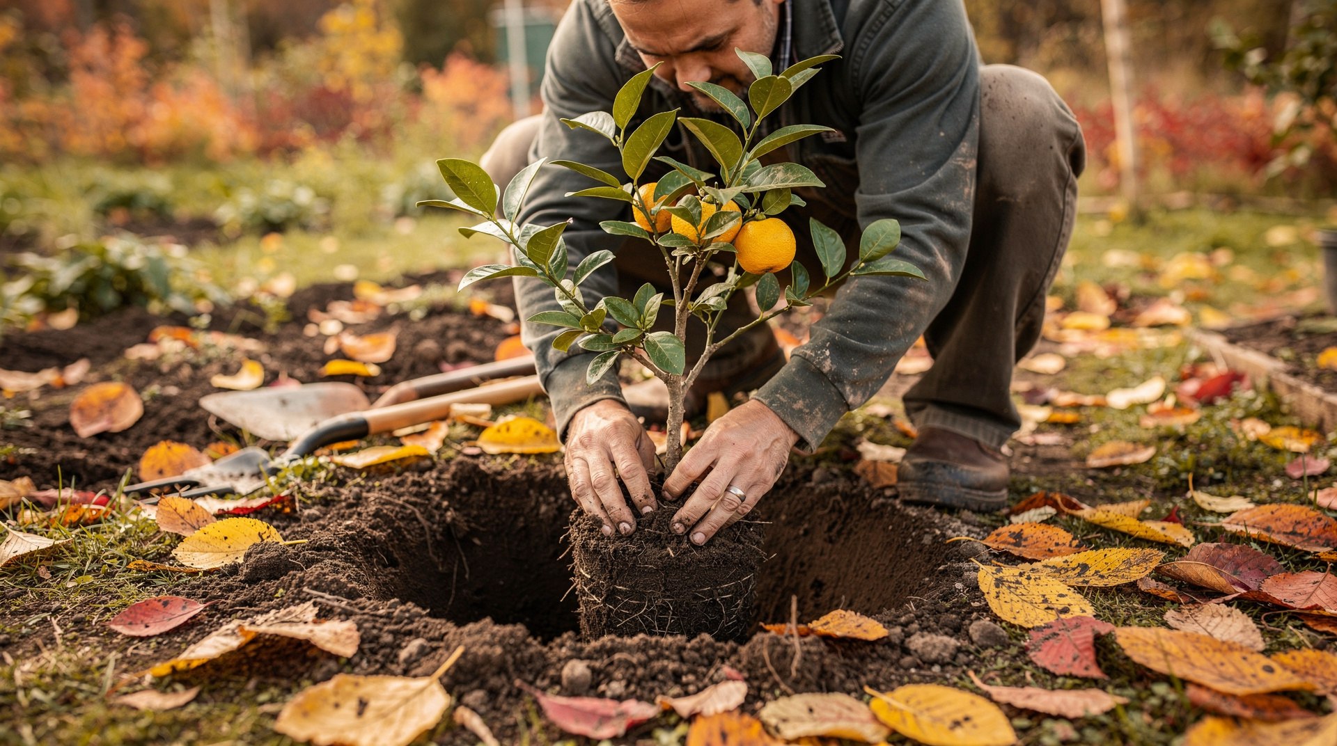 Jardinier installant un jeune yuzu en automne