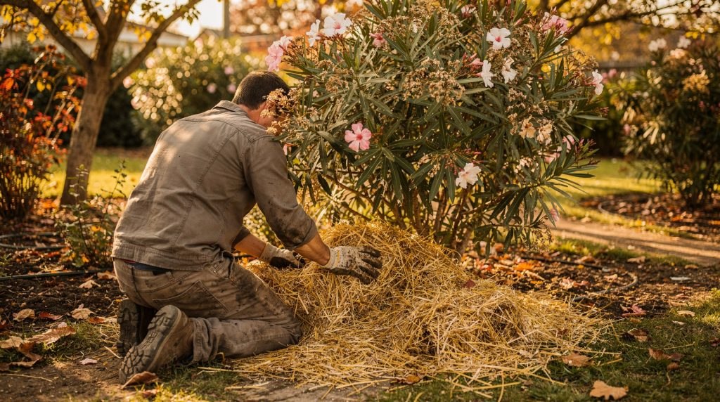 Jardinier paillant le pied d'un laurier-rose en automne dans un jardin