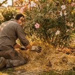 Jardinier paillant le pied d'un laurier-rose en automne dans un jardin