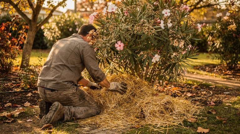 Jardinier paillant le pied d'un laurier-rose en automne dans un jardin