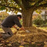 Jardinier répandant un paillage épais au pied d'un figuier en automne