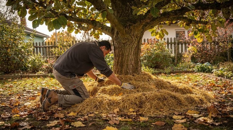 Jardinier répandant un paillage épais au pied d'un figuier en automne