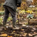 Jardinier retournant la terre d'un potager avec une bêche en automne