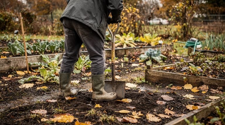 Jardinier retournant la terre d'un potager avec une bêche en automne