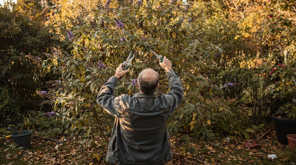 Jardinier taillant un buddleia en automne