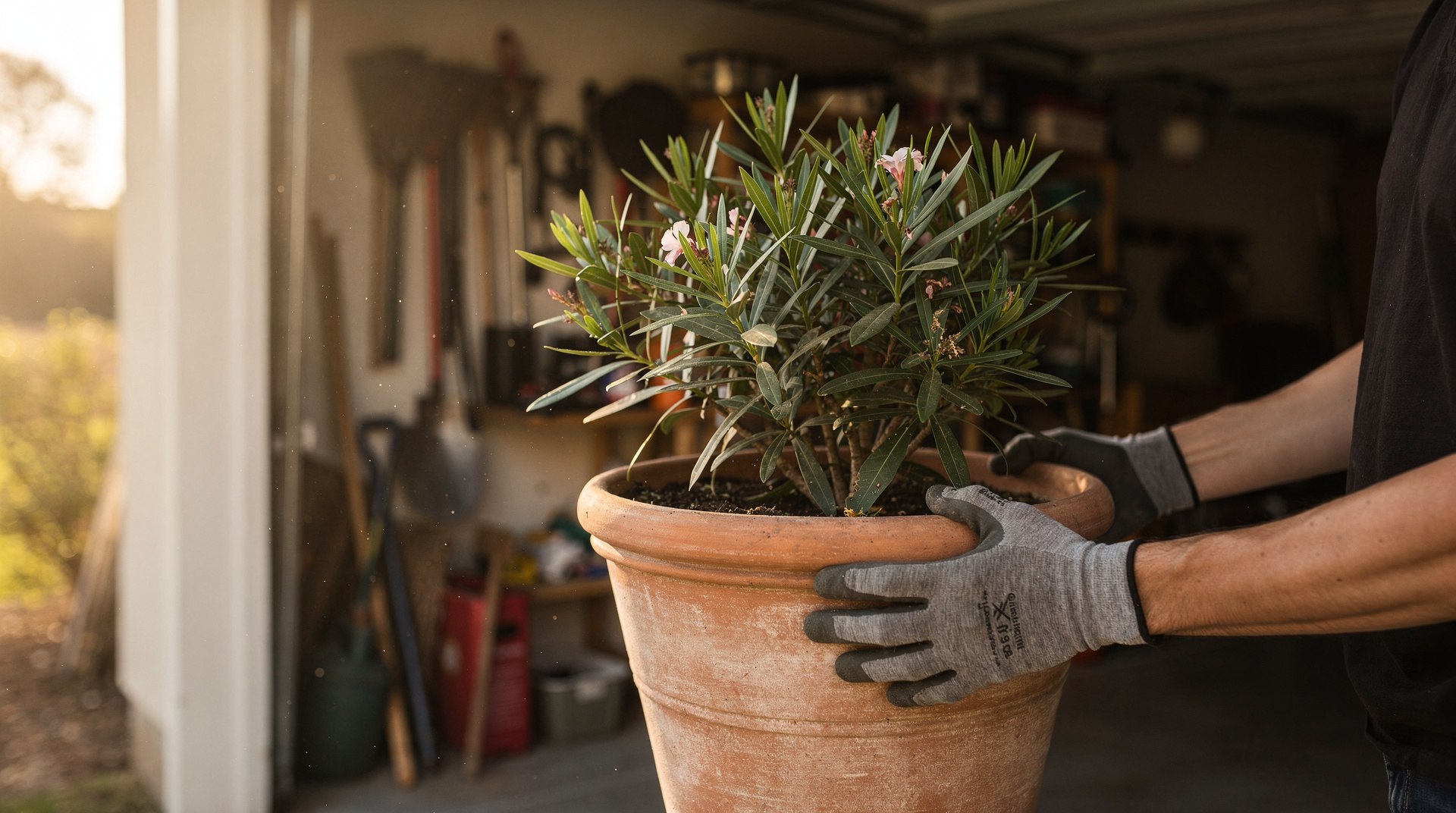 Laurier-rose en pot rentré dans un garage pour l'hivernage