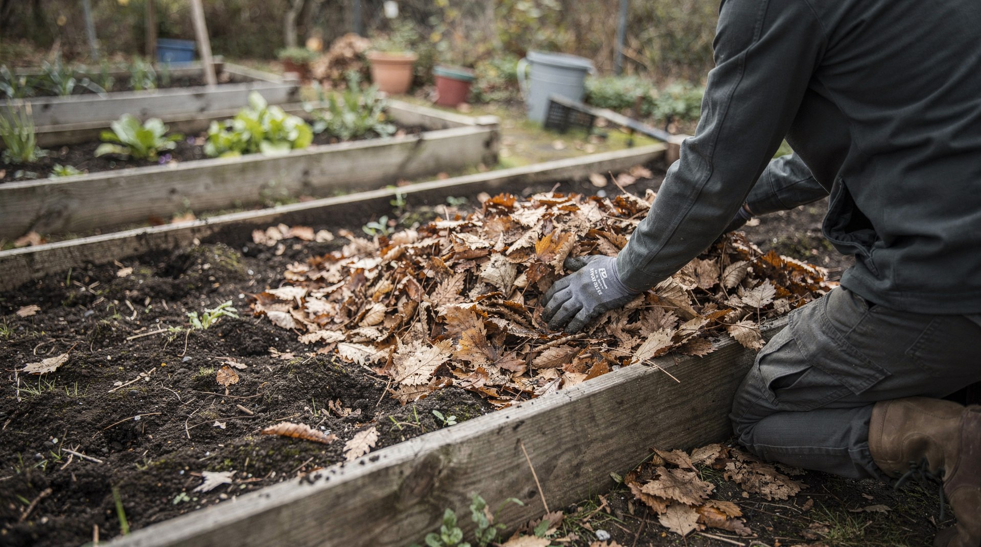 Paillage de feuilles mortes sur un carré potager préparé pour l'hiver