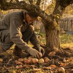 Pommes brunes en décomposition sous un pommier en automne