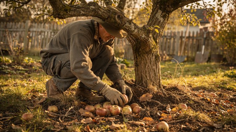 Pommes brunes en décomposition sous un pommier en automne