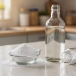 Poudre d'acide citrique et vinaigre blanc sur un plan de travail en cuisine