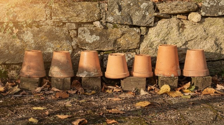 Rangée de pots en terre cuite retournés contre un mur de jardin en automne