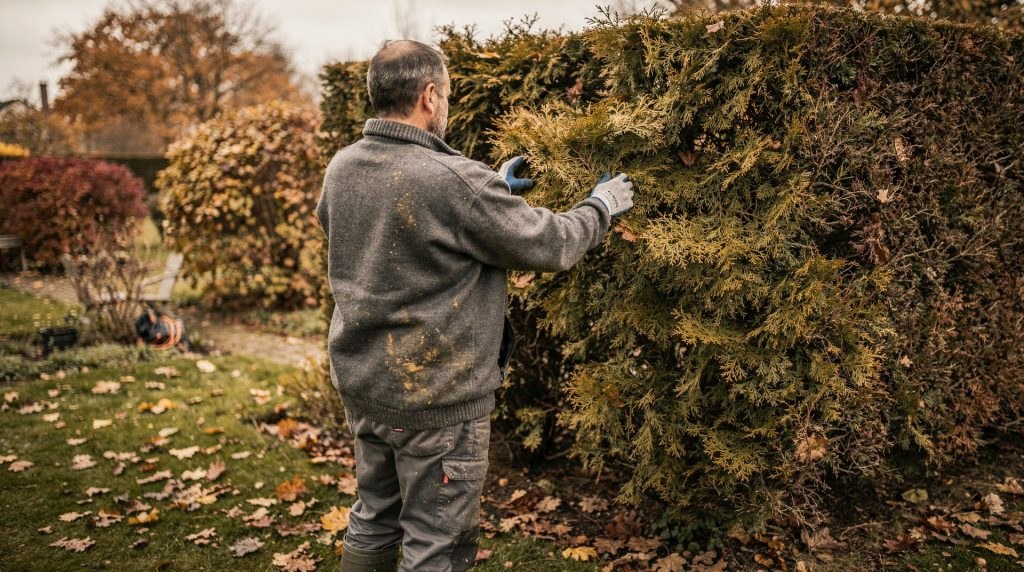 Thuya aux rameaux brunis dans une haie d'automne