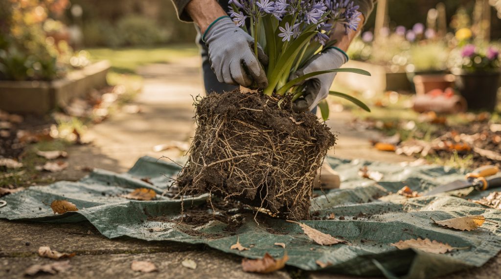 Touffe d'agapanthe extraite de son pot, racines compressées et emmêlées posées sur une bâche de jardin