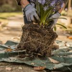 Touffe d'agapanthe extraite de son pot, racines compressées et emmêlées posées sur une bâche de jardin