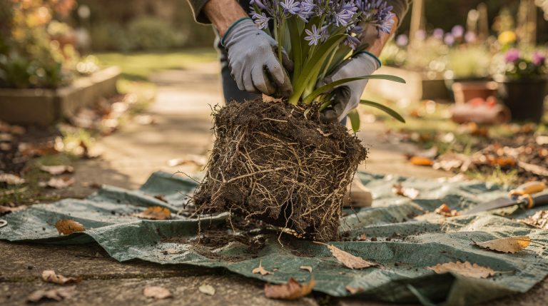 Touffe d'agapanthe extraite de son pot, racines compressées et emmêlées posées sur une bâche de jardin