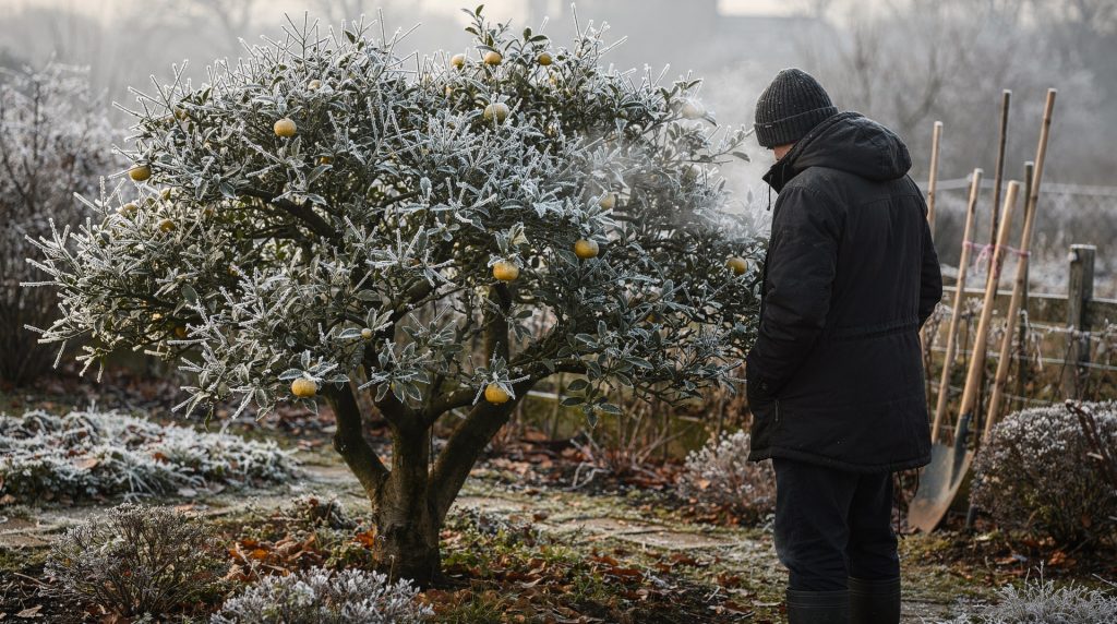 Yuzu en pleine terre recouvert de givre en hiver