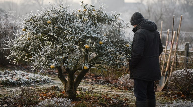 Yuzu en pleine terre recouvert de givre en hiver