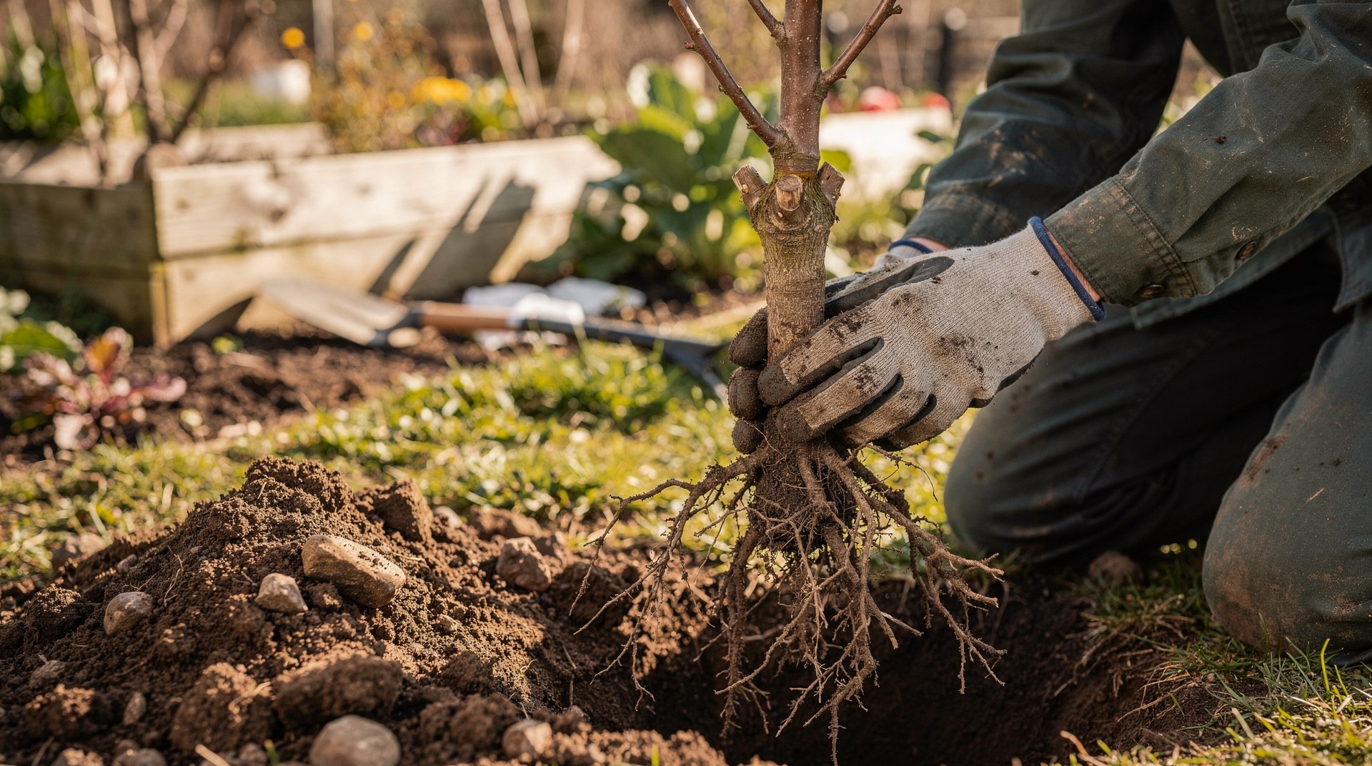 Gros plan sur le bas du tronc d'un arbre fruitier montrant le point de greffe