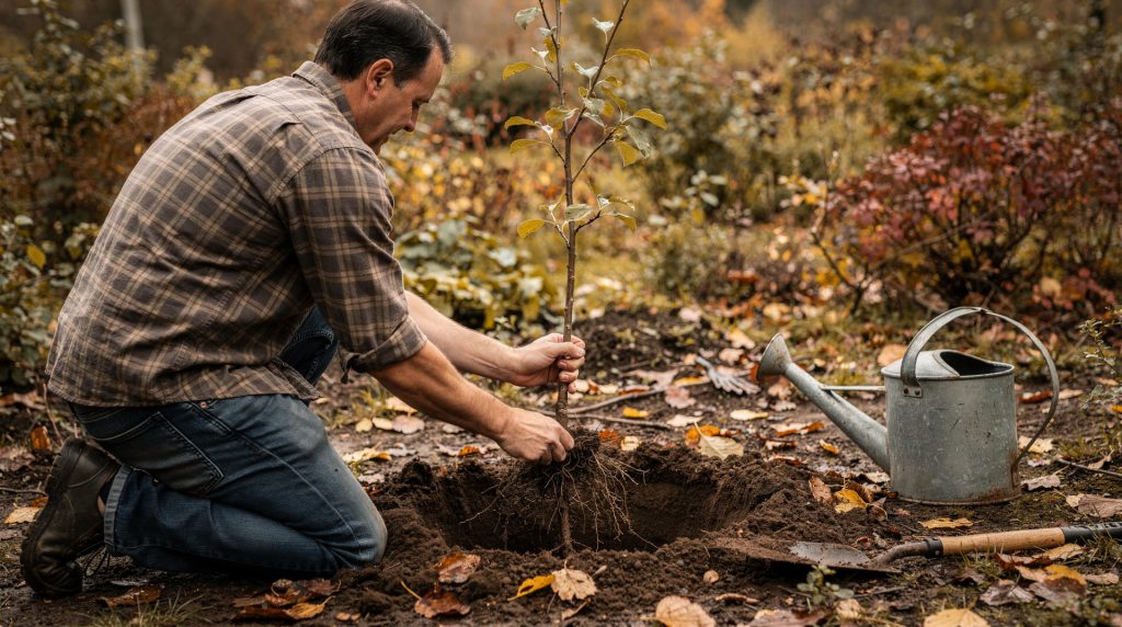 Homme en train de planter un jeune arbre fruitier dans un jardin en automne
