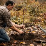 Homme en train de planter un jeune arbre fruitier dans un jardin en automne