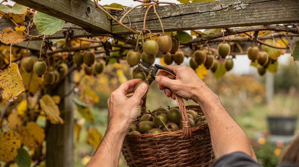 Homme récoltant des kiwis sur une liane dans un jardin en automne