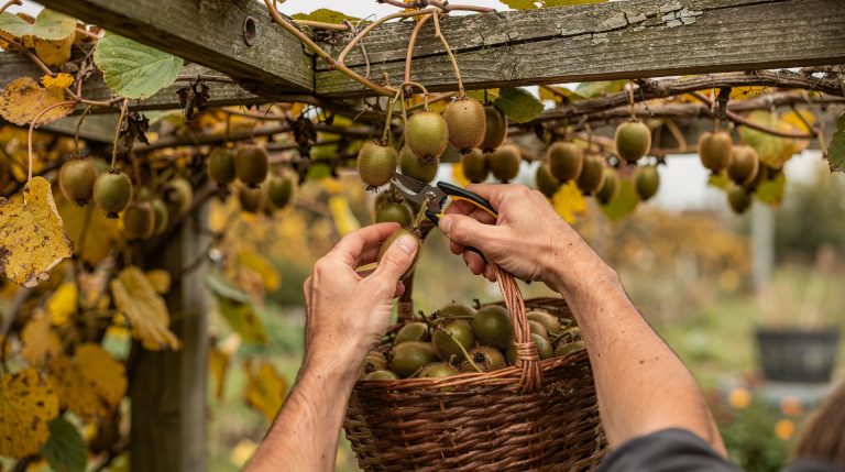 Homme récoltant des kiwis sur une liane dans un jardin en automne