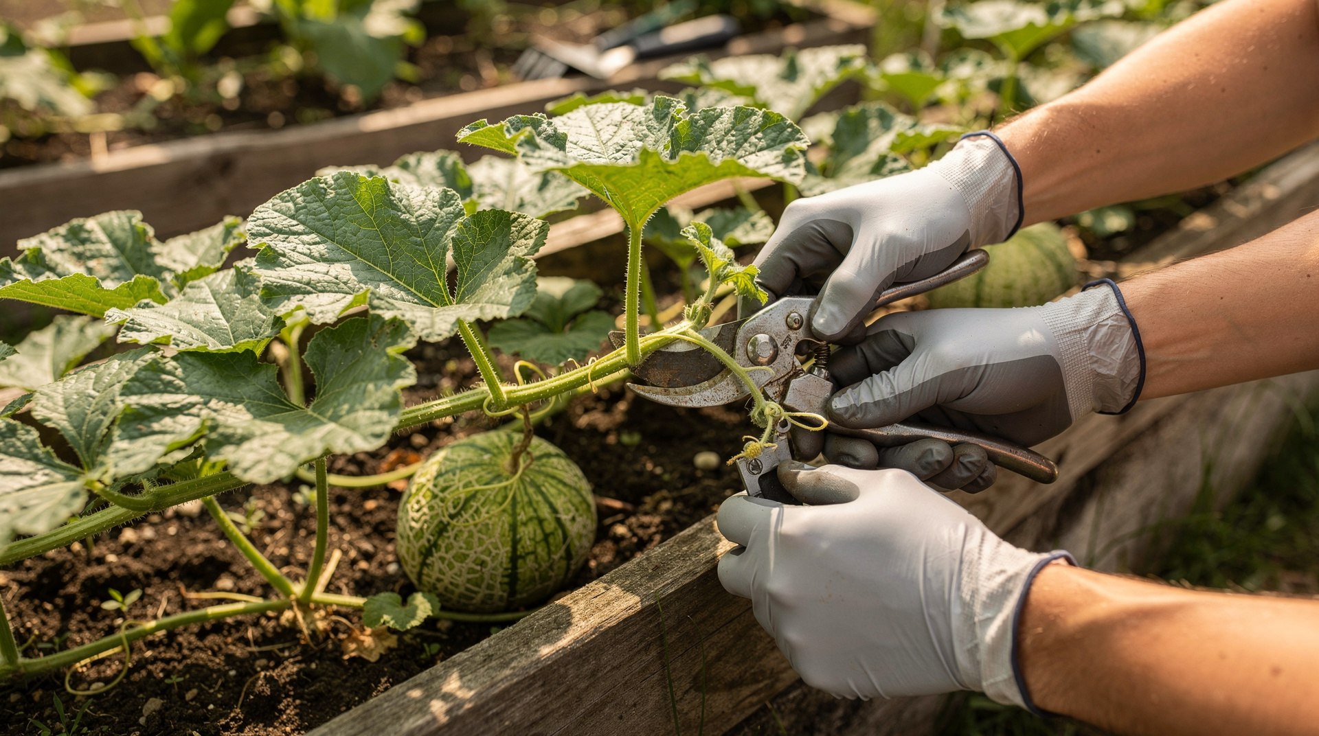 Jardinière pinçant les tiges d'un plant de melon dans son potager