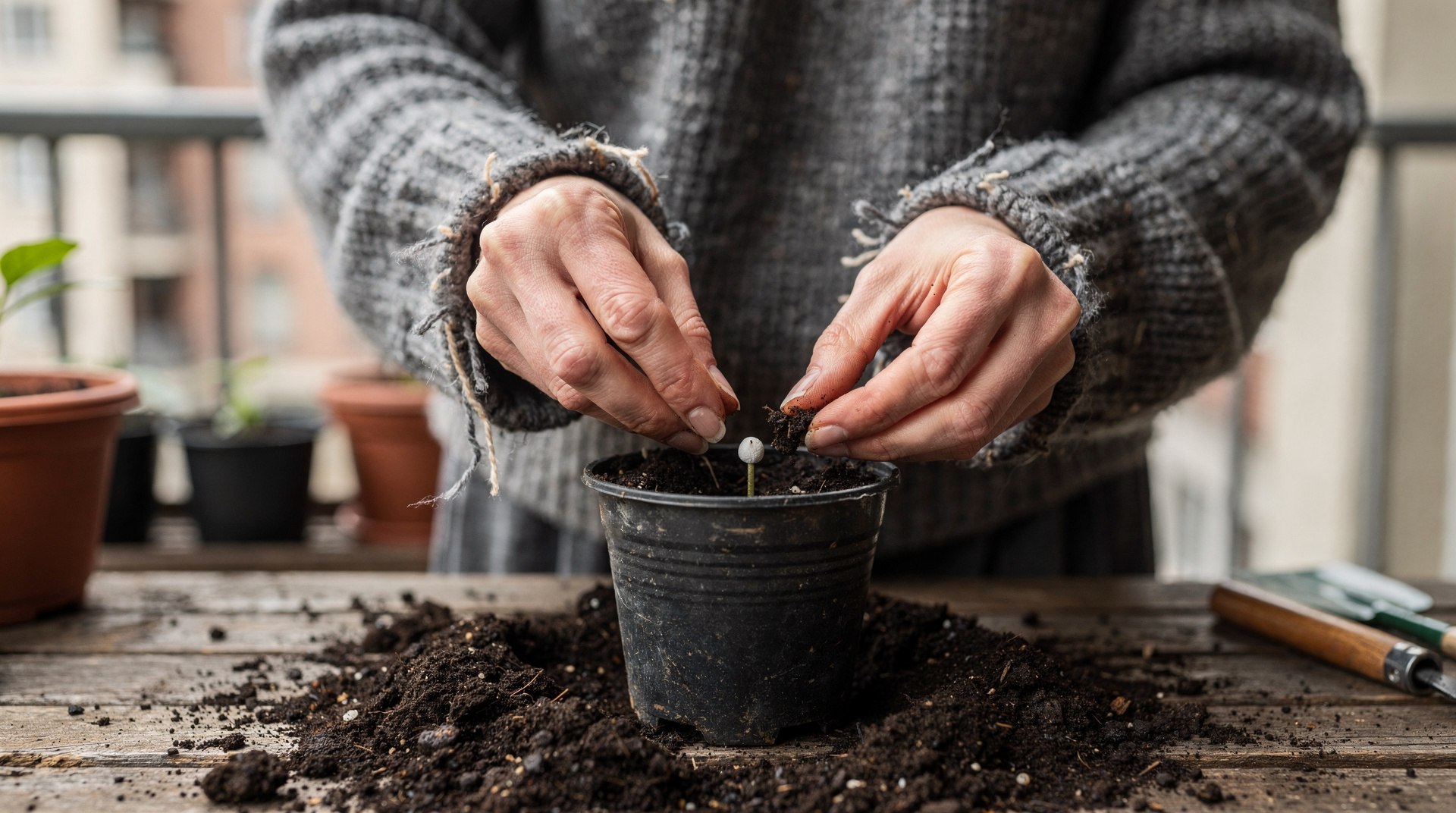 Jardinier semant une graine dans un godet de terreau sur un balcon