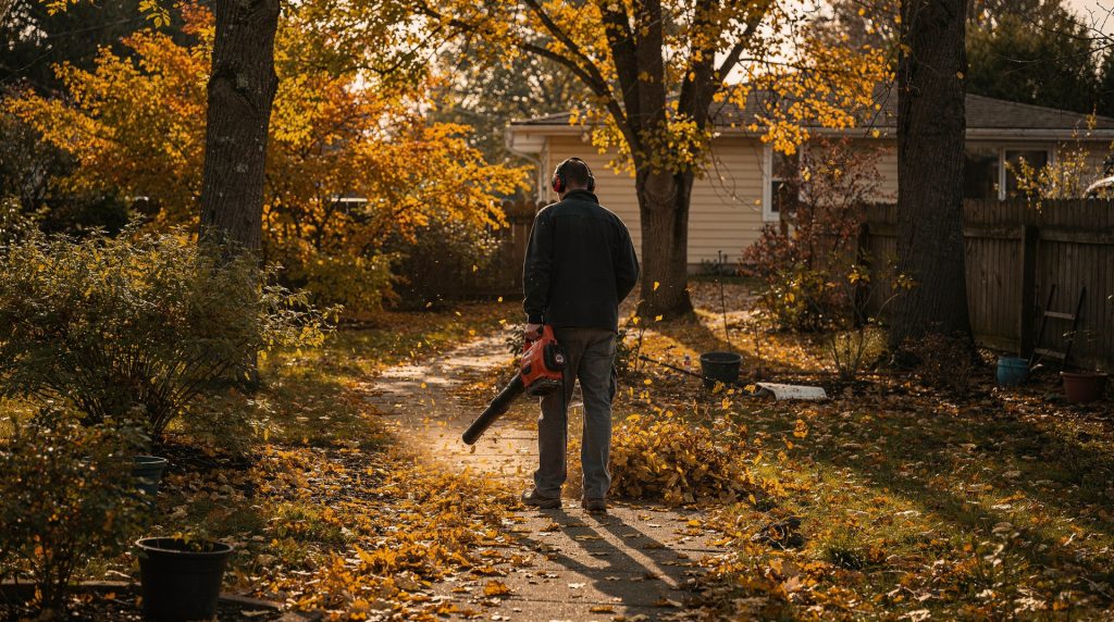 Jardinier utilisant un souffleur à feuilles dans un jardin en automne