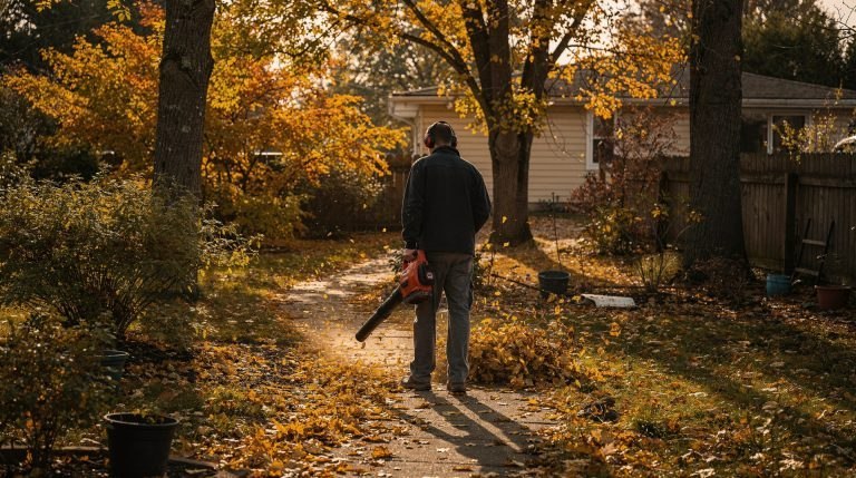 Jardinier utilisant un souffleur à feuilles dans un jardin en automne
