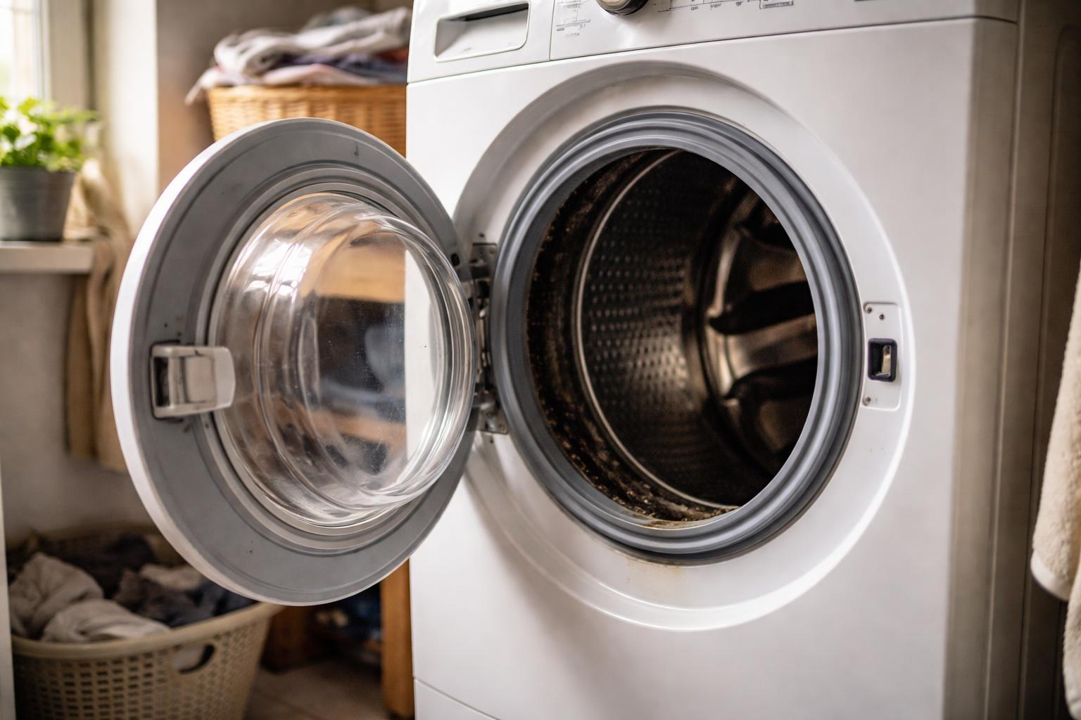 Joint de lave-linge avec taches noires de moisissures dans les replis
