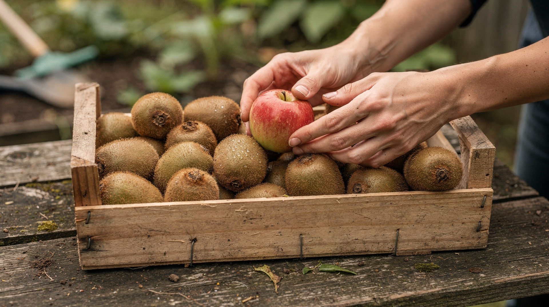 Kiwis cueillis posés dans un cageot en bois avec une pomme