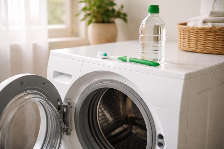 Mains nettoyant le joint d'un lave-linge avec une brosse à dents