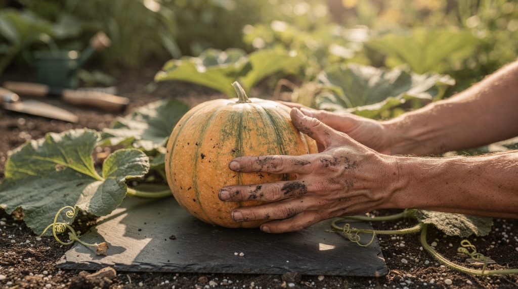 Melon Charentais bien formé posé sur une ardoise dans un potager ensoleillé