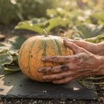 Melon Charentais bien formé posé sur une ardoise dans un potager ensoleillé