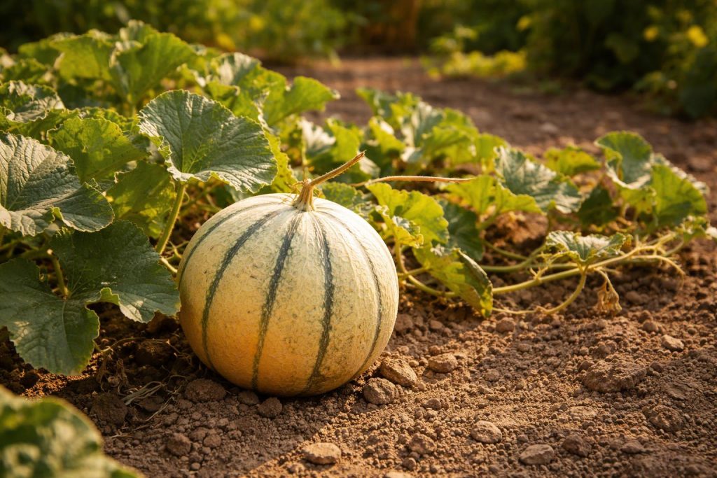 Melon charentais mûr sur pied dans un potager