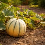 Melon charentais mûr sur pied dans un potager