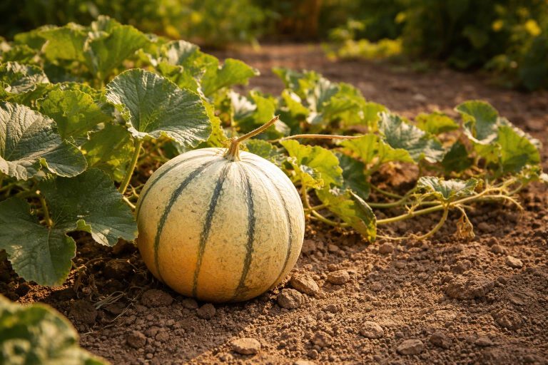 Melon charentais mûr sur pied dans un potager