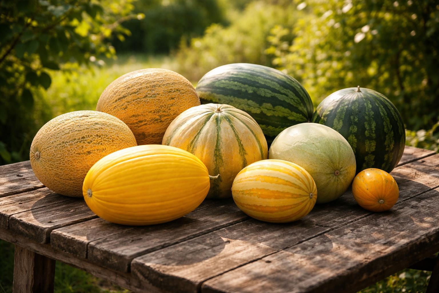 Melons récoltés posés sur une table de jardin en bois