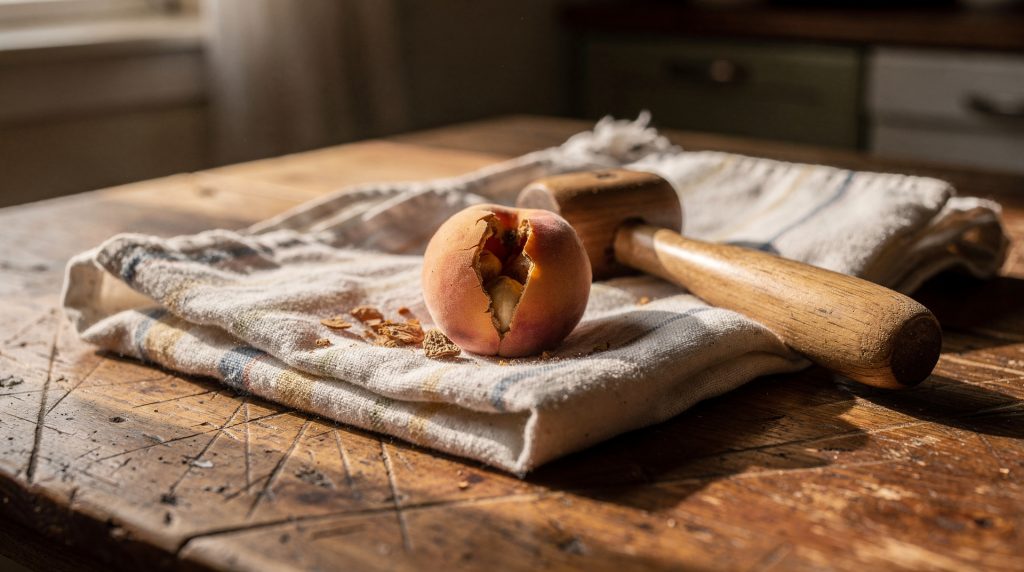 Noyau de pêche fissuré posé sur un chiffon avec un marteau en bois