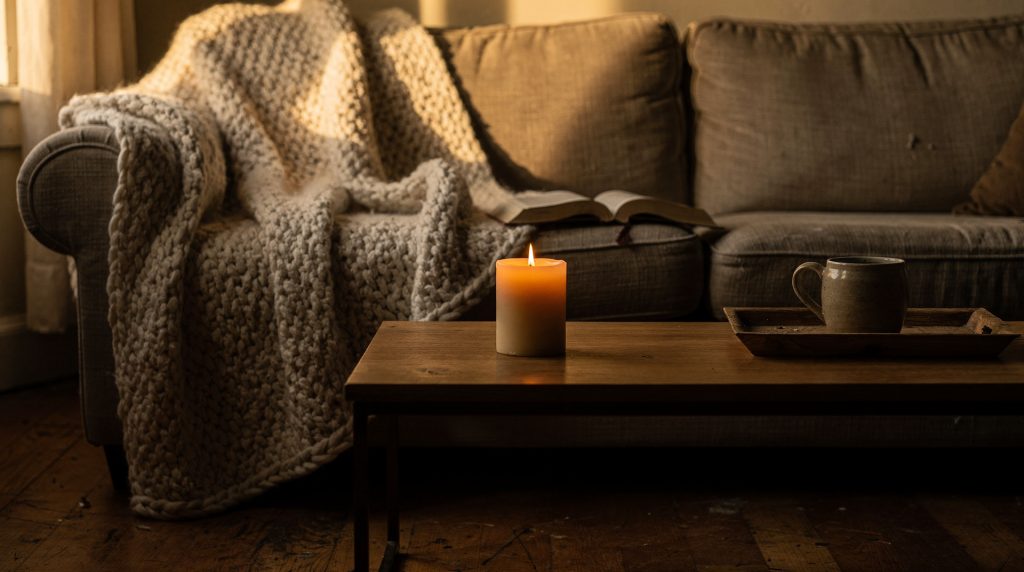 Salon cocooning bougies plaid lumière tamisée