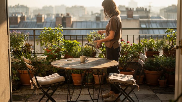 Terrasse d'un appartement en copropriété avec mobilier de jardin